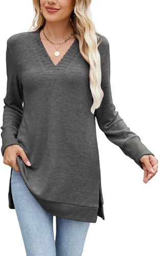 Famulily Ladies Autumn Lightweight Long Tops Plain V Neck Sweaters for Women UK Long Sleeve Casual Jumpers Dark Grey XL