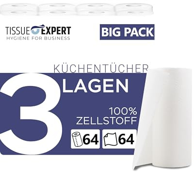 Tissue Expert Asciugamani da cucina, 64 rotoli da 64 fogli, rotoli da cucina a 3 strati, 100% cellulosa, rotoli assorbenti per la casa, asciugamani di carta, carta da cucina