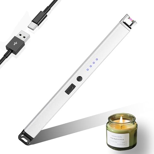 JIEYUCHU Accendino Elettrico, USB Accendino Ricaricabile con Serratura di Sicurezza, Antivento Senza Fiamma, Accendino Lungo per Candele, Campeggio, Stufe, Barbecue (B-Argento)
