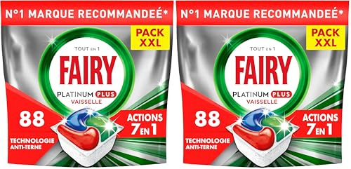 Fairy Platinum Plus Tablettes Lave-Vaisselle All In One Technologie Anti-terne, Regular, 88 Capsules, Nettoyage Optimal, Redonne De L’Éclat Et Prévient Le Calcaire (Lot de 2)