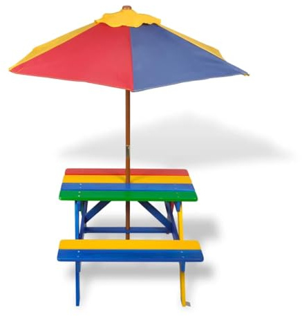 Generico Tavolo e Panchine per Bambini con Parasole Legno Multicolore,Mobili,Mobili da Giardino,Tavoli da Giardino,Multicolore,8.6 kg,40773