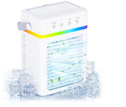 Enfriador de Aire Silencioso 900ML, Aire Acondicionado Portatil 4 en 1 con Función, 2 Modos de Pulverización + 3 Potencias de Aire, Temporizador 6H y Luz LED, Conexión USB, Ideal para Hogar y Oficina