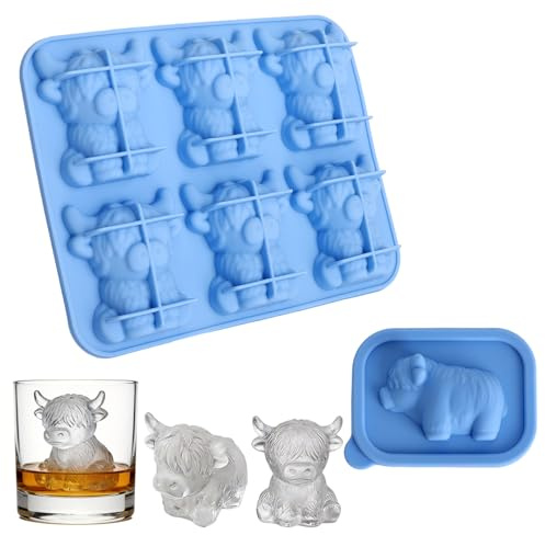 SLIAXINT 2 st mini Highland Cow Ice Cube Mold Set, 3D Highland Cow isbitar rolig, isform whiskycocktail, djur isbitsform för choklad dessert, för mjölkko, vänner, fester, familjebar