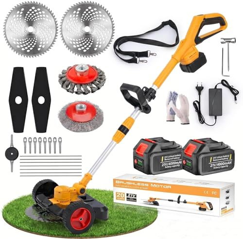 Fiutazge Desbrozadora Electrica Bateria 5 en 1,Plegable Ligero,Cortabordes Electrico Altura Ajustable con Ruedas,Desbrozadora Bateria Profesional, 2 Baterías 4.0Ah,para Malas Hierbas, Césped y Ramas