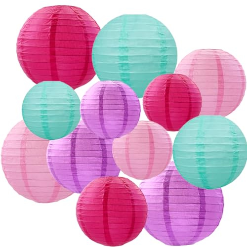 12pcs Hot Pink Purple and Pastel Blue Paper Lanterns,Hanging Paper Lanterns for Girls Baby Shower Ocean Theme Under The Sea Birthday Party Decorations