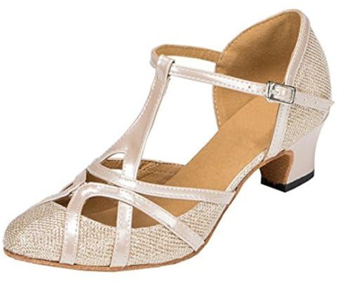 MGM-Joymod Chaussures de Danse Latine Modernes à Bout fermé et Bride en T - pour Les Mariages, Les soirées, Les bals - pour Femme, Champagne Talon 5 cm.37 EU