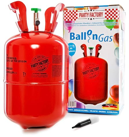 Party Factory – Helium Gasflasche 1x 200L für ca. 30 Luftballons – Partydeko Ballongas Flasche für Latex- & Folienballons – Einwegflaschen mit Knick-Füllventil – Für Partys, Hochzeiten und Geburtstage