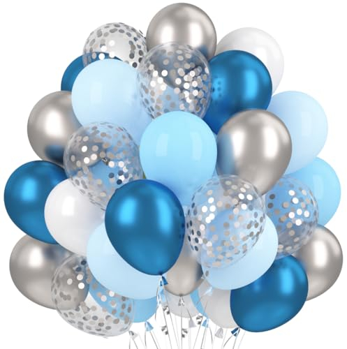 60 Stück Luftballons Blau Weiß Silber, Latex Helium Luftballons Geburtstag Party Dekorationen, Metallic Luftballons Konfetti Garland Arch Kit für Geburtstag Junge Kinde Hochzeit Babydusche, 6 Farbe