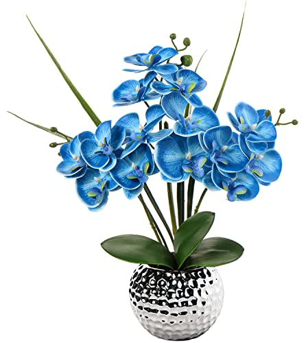 Briful Kunstblumen Orchidee Künstliche Kunstpflanze Phalaenopsis Blau Blumen Deko Höhe 49 cm, Fest verankert im Keramiktopf