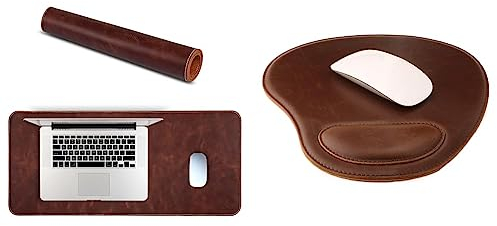 LONDO Genuine Leather Extended Mouse Pad - Brown & Leather Oval Mouse Pad with Wrist Rest (Dark Brown)