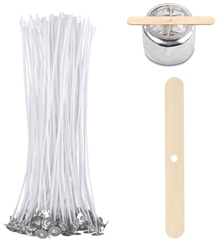 ALLAVA Lot de 50 mèches de bougie pour bougies, 20 cm, avec porte-mèche en bois, coton biologique naturel, pré-cirées avec cire de soja, pour la fabrication de bougies, bricolage
