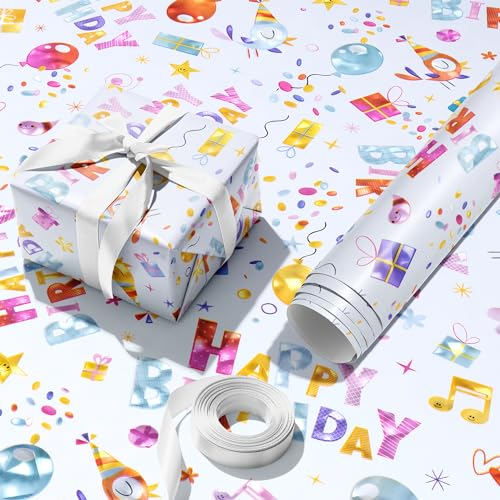 Geschenkpapier Buntes Happy Birthday-Schriftzug-Design Wrapping Paper Geeignet für Kindergeschenke Geburtstag Geschenkpapier（43x 1000cm）- 1 Rollen