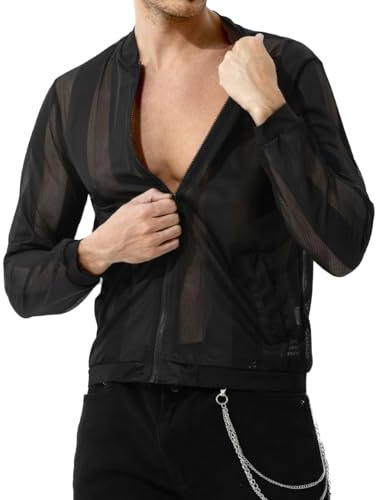 Casey Kevin Haut Sexy Homme - Tee Shirt Manche Longue Transparente - T-Shirt Resille - Fishnet Vetement