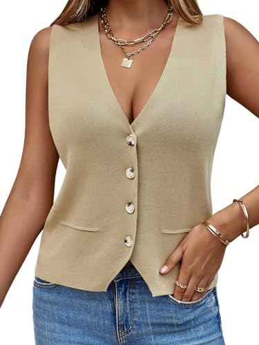 Saodimallsu - Maglione da donna senza maniche, in maglia, con scollo a V e bottone, moda casual, cardigan sciolto, per donne, estate, cachi, L
