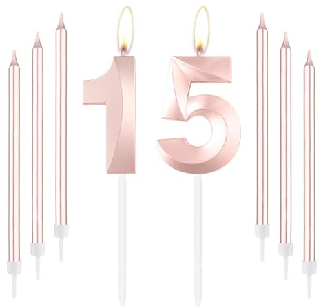 mciskin 15 Velas de Cumpleaños Oro Rosa - Vela Número 15 para Pastel con Juego de Velas Largas y Delgadas, Adorno de Pastel Oro Rosa para Niña Decoraciones de Cumpleaños 15, Decoraciones de