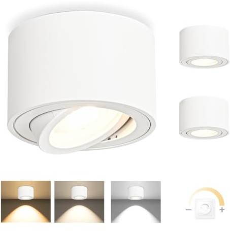 YindaLux 3 x 3CCT LED Surface-Mounted Spotlights, White, Extra Flat & 30° Swivelling Spotlights, Ceiling Spotlights, Diameter 80 x 50 mm, Surface-Mounted Ceiling Including 5 W 500 LM Dimmable LED