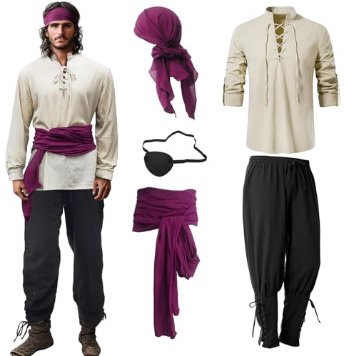Vercico 5 Pieces Pirate Costume Adult Men Eye Patch Medieval Shirt Trousers Bandana Belt, Pirate Outfit Halloween Costumes for Carnival, Cosplay Parties