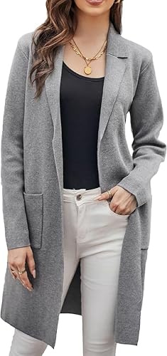 GRACE KARIN Womens Lapel Collar Work Blazer Coats Suit Jackets Autumn Winter Open Front Long Knit Cardigans Grey M
