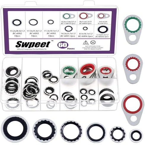 Swpeet 60Pcs 9 Size A/C System Compressor Gasket Seals Assortment Kit, Air Conditioning Compressor Port Seal Washer, Bonded Gasket Seal, A/C Compressor Seal Gasket