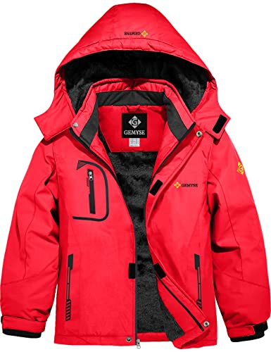 GEMYSE Veste de Ski Imperméable de Montagne pour Garçon Manteau d'hiver Extérieur en Polaire Coupe-Vent avec Capuche | Doublé, épais et chaud, coupe-vent, plusieurs poches, vêtements d'extérieur résistants à l'usure, pour le snowboard