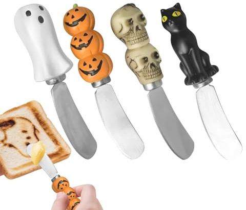 Générique Couteaux À Tartiner | 4 Pièces Couteaux à Sandwich Halloween,Tartineur Ergonomique Chat Fantôme Crâne pour Cuisine Toast Confiture Petit-Déjeuner Tea Time