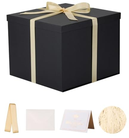 Large Gift Box with Lid 32x32x25 cm, Black Gift Boxes for presents Packaging for Birthdays, Valentine's Day, Christmas (Include Shredded Paper Fill, Envelope Card Ribbon)