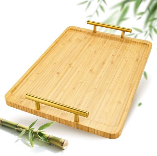 Tablett Serviertablett Bambus Holz -40x29x2cm,Stabiles und Leichtes Holz Tablett- Rechteckig Tablett Holz Serviertablett groß Serving Tray Küchen Deko Servierplatte