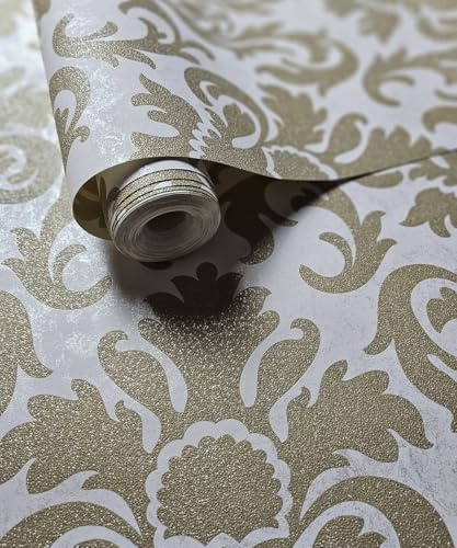 AMINAH DECO Textured Matte Gold Damask Wallpaper Roll - Metallic Shimmer Glitter Traditional Non-Woven, Paste Required, 20.8 x 393 (57 sq ft)