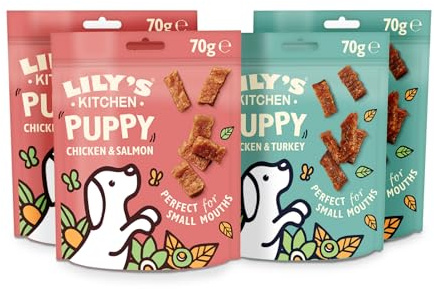 Lilys Kitchen Dog Treat Bundle, Made with Natural Ingredients, 2 x 70g Puppy Dog Treats Chicken with Turkey Nibbles Grain-Free Recipe 2 x 70g Puppy Dog Treats Chicken & Salmon Nibbles.
