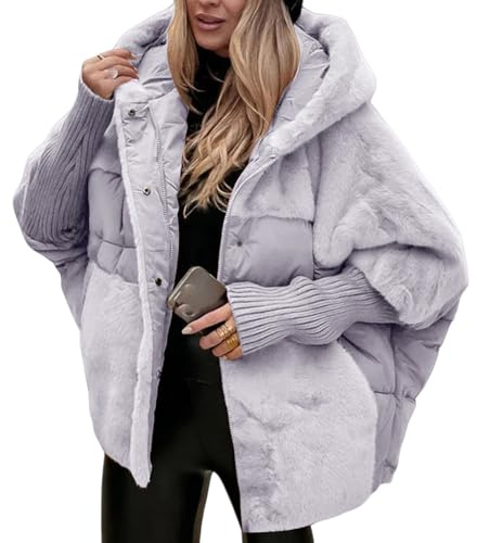 Toumov Womens Puffer Jackets Oversized Hooded Patchwork Puffer Coat Zip Up Winter Coat Warm Padded Outwear Comfy Down Jacket