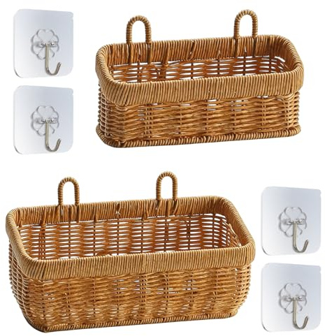 PORFOYO 2 Pezzi Cestino Appendere Alla Parete, Cestino Da Parete In Vimini Appeso,Cesto Portaoggetti Intrecciato In Vimini Vintage, Per Cameretta Per Biancheria Da Lavare Piante E Fiori, Marrone