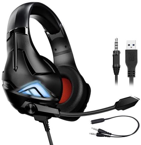 BABIBAOBEI Prácticos auriculares para juegos con micrófono con cancelación de ruido LED para PC, computadora, auriculares sobre la oreja, cancelación de ruido