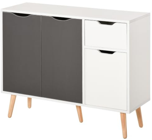 HOMCOM Sideboard Floor Cabinet Storage with Drawer, Solid Wood LegsGrey | Storage Cupboard, Bedroom, Living Room, Entryway