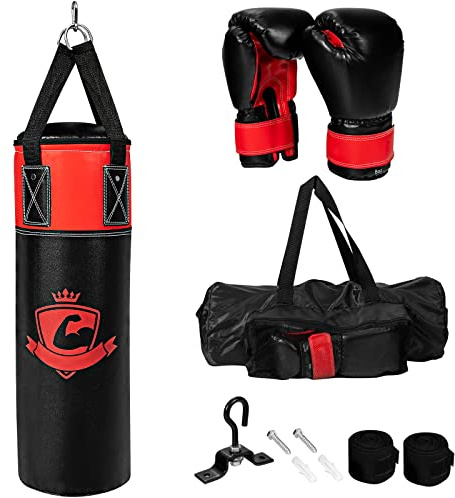 GYMAX Kinder Boxsack-Set mit Boxsack 10 kg, Sandsack mit 8 oz Boxhandschuhen, Boxbandagen & Tragtasche, hängend Box-Set 60 cm, ab 3 Jahren, für Kickboxen, MMA, Kampfsport, Muay Thai, Boxen (Schwarz)