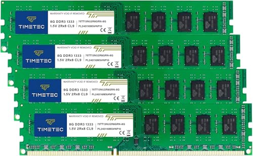 Timetec 32GB KIT(4x8GB) DDR3 1333 MHz PC3-10600 Non-ECC Ungepuffert 1,5V CL9 2Rx8 Dual Rank 240 Pin UDIMM PC-Desktop-Computer-Speicher RAM-Modul-Upgrade