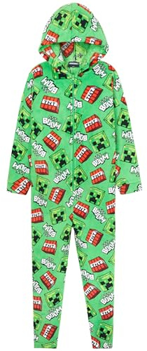 Minecraft Combinaison Polaire Garçon Ado, Combinaison Pyjama à Capuche, Vêtements de Nuit Enfants - Cadeau Gamer (Vert/Multi, 13/14 Ans)