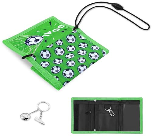 Aucuu Cartera Niño, Monedero Niñas con Cordón, Cartera Niño Triple Plegado con Llavero, Monedero y Juvenil para Colgar, para Cumpleaños Fiestas, Escuela, Ocio, Viajes-Fútbol con Llavero