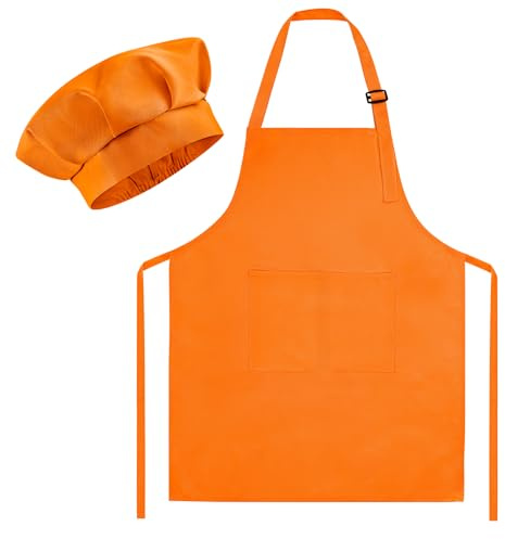 Morcheiong Set di cappello da chef e grembiule, regolabile, arancione, grembiule da pittura e cappello da chef con 2 grandi tasche per bambini, per cucinare, dipingere, fare attività di cottura,