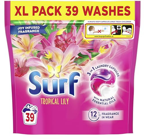 Surf 3 in 1 Tropical Lily Laundry Washing Detergent Capsules joy-infused fragrance with natural essential oils lasting up to 12 hours in wear for brilliantly clean results 39 washes
