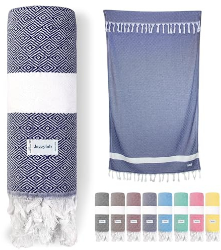 ELMAS hamam-handduk | 100% bomull med klassiskt rutmönster | Snabbtorkande & lätt | För strand & bastu | 90x180 cm - Marinblå,
