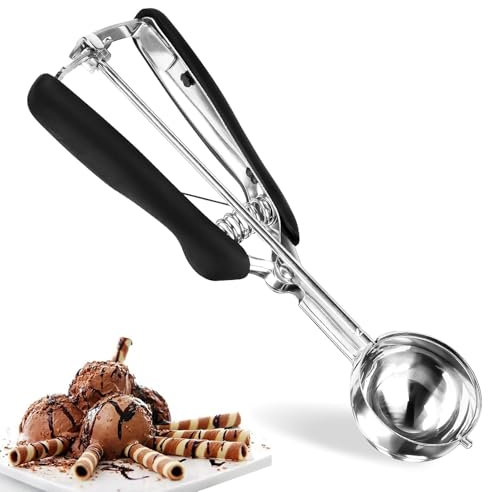 LightBeacon Paletta per Gelato, Cucchiaio di Gelato 5 cm, Cucchiaio in Acciaio Inox per Gelato, Con Grilletto E Manico Confortevole, Per Gelato, Impasto, Frutta (Nero)