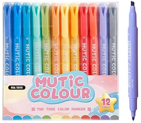 Rnigra Highlighters Pens Set of 12 – Pastel Highlighter Pens with Chisel Tips, Smudge-Proof Water-Based Ink for Sparkling Note-Taking and Journaling