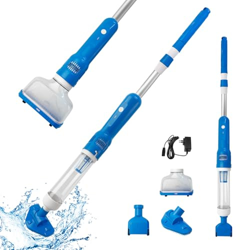 Poolsauger mit Akku, 3 in 1 Tragbarer Wiederaufladbarer Poolstaubsauger, Kabellos Elektrisch Handsauger Reinigungsset mit Teleskopstiel, Poolreiniger für Spas, Whirlpools, Kleine Pools