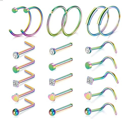 21-Delars Kombinationsset för Näsa, Män Kvinnor 316l Stålringar, Ring Näsborre, Tragus, Läpp, örsnibbpiercingar