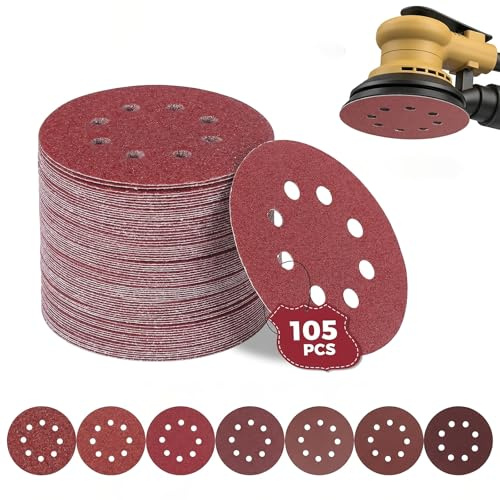 Set di carta vetrata da 105 pezzi, 125 mm, fissaggio con velcro, dischi abrasivi a 8 fori per levigatrice orbitale orbitale - 7 gradazioni (P40/60/100/150/240/320/600), 15 pezzi ciascuno – autoadesivo