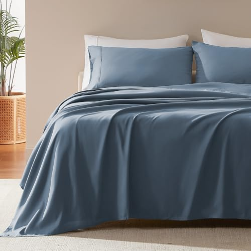 SLEEP ZONE Queen Sheet Set-4 Pieces Soft Queen Size Sheets Breathable & Cooling Bed Sheets Set, Easy Care Includes 1 Fitted Sheet, 1 Flat Sheet and 2 Pillowcases, Deep Pocket 16 (Flint Blue, Queen)