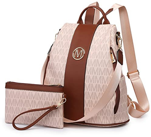 MKP COLLECTION Women Fashion Backpack Purse Multi Pockets Signature Anti-Theft Rucksack Travel School Shoulder Bag Handbag Wristlet, Pink, Medium, 11.8''L x 5.5''W x 14''H