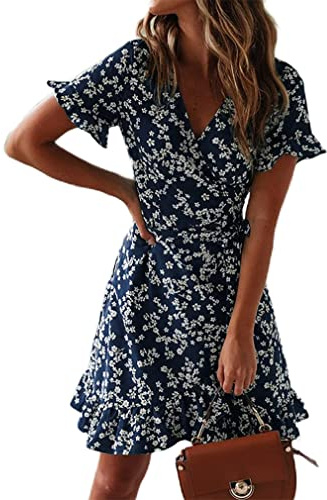 CheChury Robes Casual Femme Robe Floral Imprimé Décontracté Robe d'été Mini Robe à Manches Courtes à Col en V Robe Courte Fleurie Robe Volants Bohème Robe Imprimé Floral Elégant Slim Fit,Marine,S