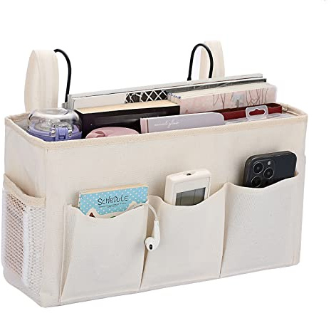IGNPION Canvas Bedside Hanging Storage Pockets with Metal Hook Adjustable Tape Dormitory Bed Organiser Caddy Mulit-purpose Bag for Home Office School Hospital,White (IGPUK0582)