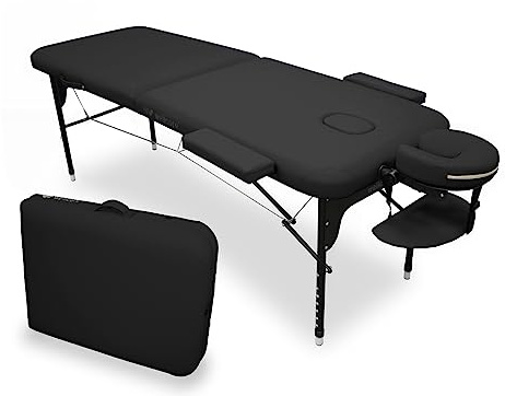 WELLCORE - Table Pliante en Aluminium, 185 x 65 cm, Similicuir, Hauteur réglable, Tête articulée, Trou du Visage, Bras latéraux, Noire, Sac à Dos de Transport, Jusqu'à 225 kg